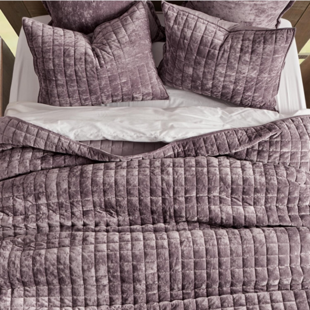 Lavender Soft Quilted Squares Velvet 3pc Bedding Set King Size Bed Quilt Shams